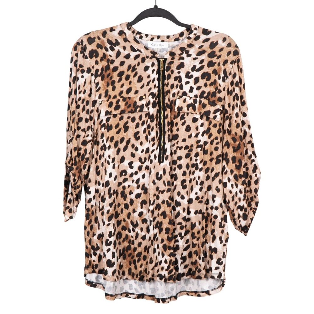 Calvin Klein Leopard Print Blouse Womens XL Roll Tab Sleeve Zipper Front Brown